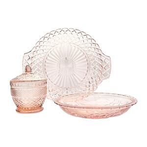 1980s Vintage Pink Depression-Style Dinnerware Serving Hostess Glass Set